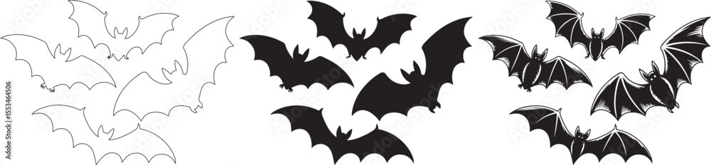 Fototapeta premium Silhouette and Outline Bat Set – Halloween Flying Bats Vector Illustration