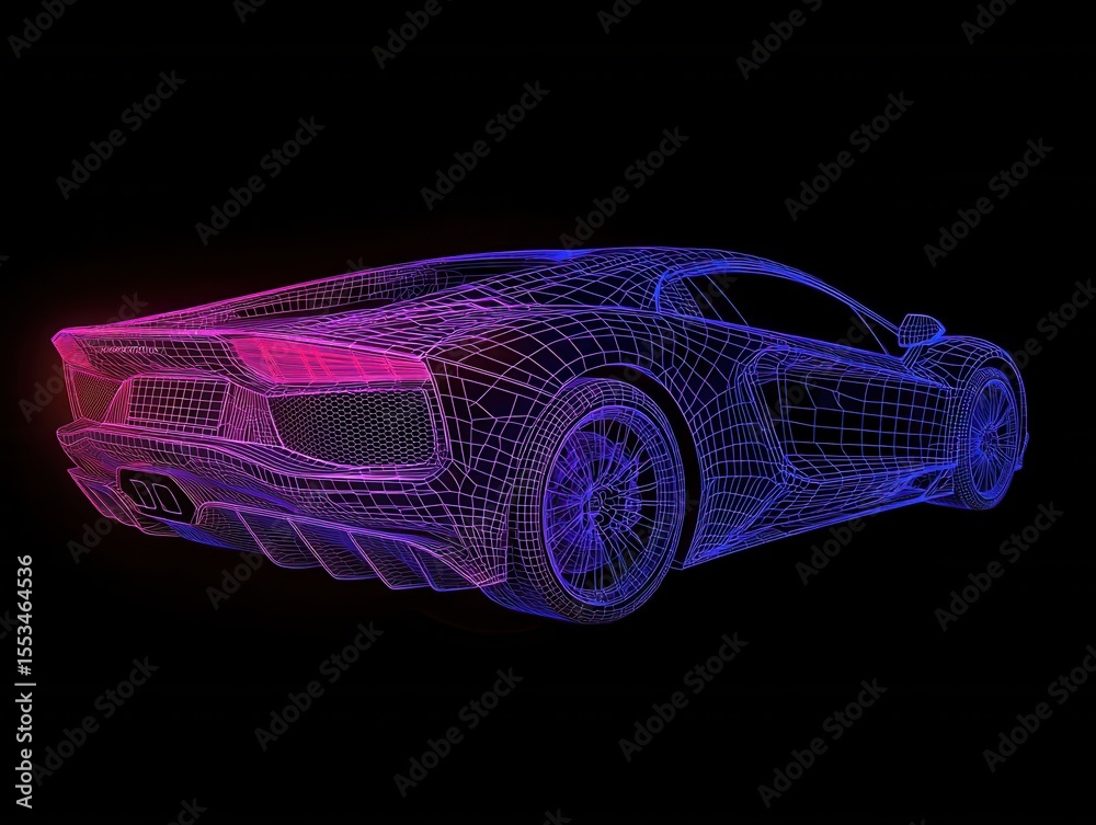 Naklejka premium Futuristic Wireframe Car Model with Neon Light Effect
