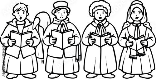  Vintage Carolers Singing Line Art.