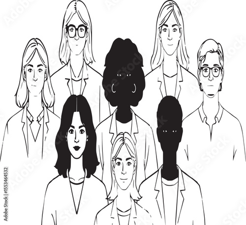 Illustration of a diverse group of people in white coats standing together on a white background