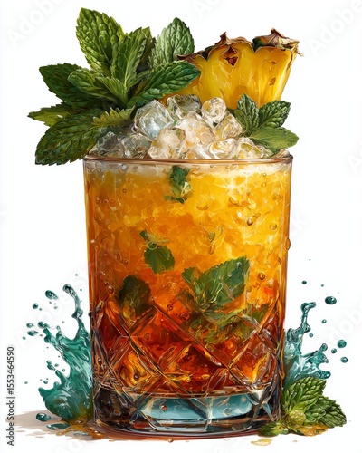 Colorful mai tai cocktail garnished with mint and pineapple in a textured glass.