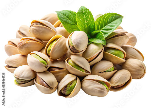 Pile of shelled and unshelled pistachios with green leaves on a black background isolated on a transparent background