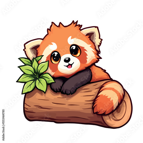 Adorable Red Panda Resting On A Tree Log With Leaves Vector Sticker Art