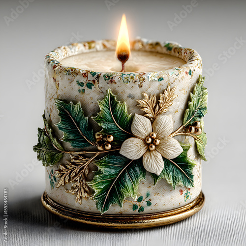 Ornate Holiday Candle with Floral and Foliage Decoration on a Textured Surface