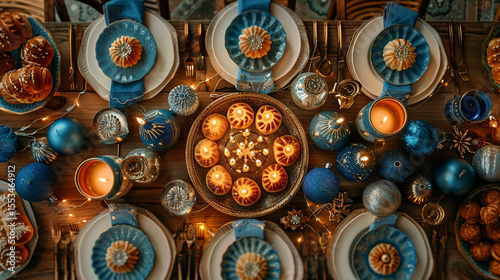 Overhead image of a Hanukkah table with menorah, sufganiyot, gelt coins, blue and silver decorations, and dreidels.