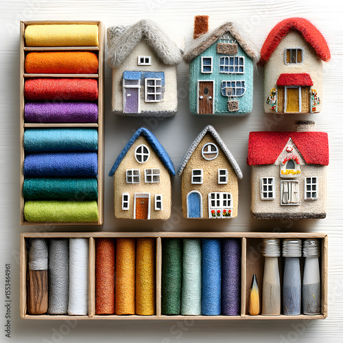 Miniature Houses and Colorful Thread Spools Arranged on a White Wooden Surface