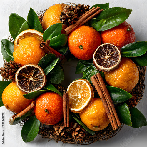 Festive wreath made of tangerines, dried citrus slices, evergreen leaves, cinnamon sticks and pine cones