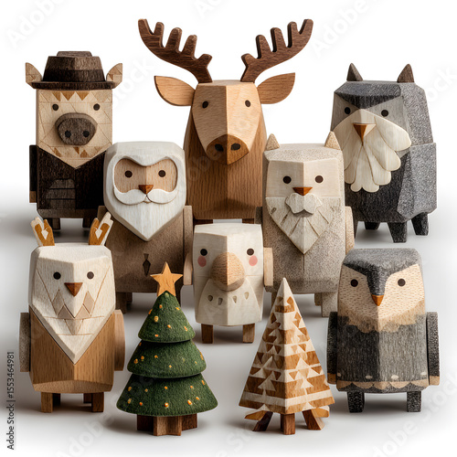 Collection of Whimsical Wooden Animal Figurines and Christmas Tree Decorations on White Background