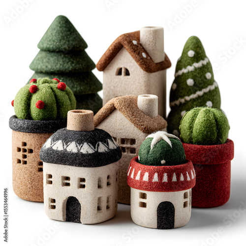 Group of Miniature Christmas Houses and Trees Tabletop Decorations