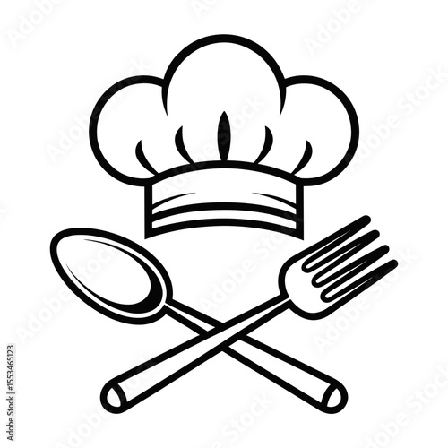 Chef hat and crossed spoon and fork in minimal line art style  