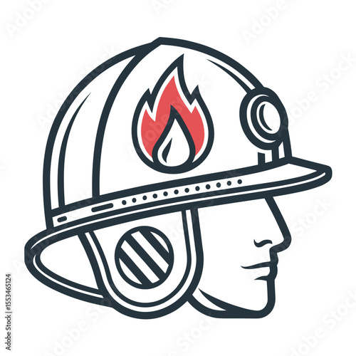 Firefighter helmet with flame symbol in minimalist line art style  