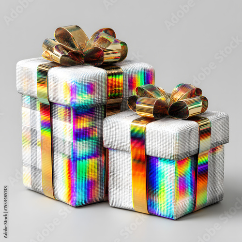 Two Gift Boxes Wrapped in Metallic Holographic Foil with Gold Ribbons