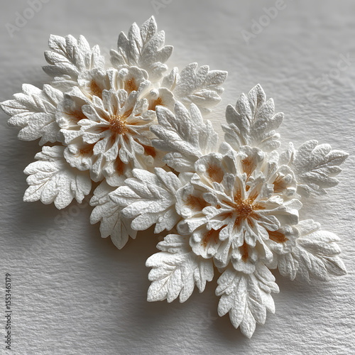 Elaborate White Floral Arrangements with Gilded Accents on Textured Fabric
