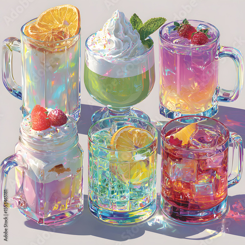 Array of Refreshing Drinks in Holographic Glassware with Fruit and Toppings