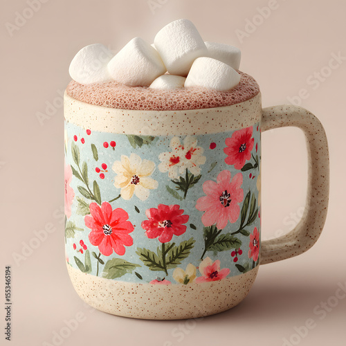 Hot Chocolate Drink Topped with Marshmallows in a Floral Mug