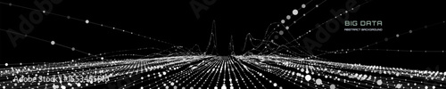 Abstract analytical background with wavy  lines chart analyze dots data in dark cyberspace.  Quantum cryptography graphs concept.  Banner for business, science and technology. Data chart. Big data.