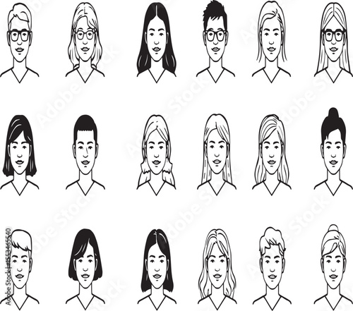 Illustration of diverse people with various hairstyles and glasses in black and white outline style