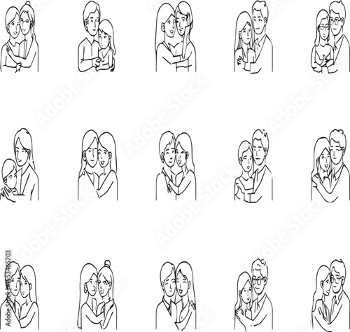 Collection of line art illustrations depicting various couples and family members embracing each other warmly
