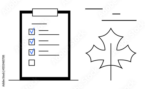 Checklist with blue checkmarks next to completed tasks, single empty box, maple leaf outline. Ideal for planning, productivity, organization, nature, sustainability, responsibility simple landing