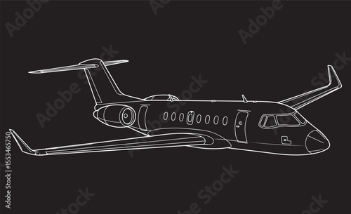 A simple, black and white line art illustration of a sleek business or private jet.