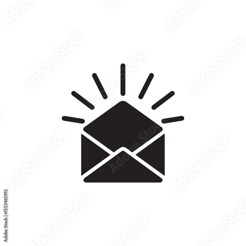A black silhouette of an open envelope with radiating lines above it on a white background