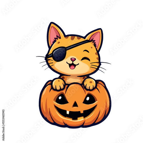 Cute Pirate Cat Winking and Sitting in a Spooky Halloween Pumpkin Vector Sticker