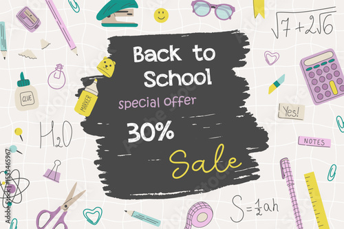 Back to school sale banner design. Back to school shopping promo discount offer text with different stationery on a grid backdrop. Graphic flat design vector illustration for flyer, post, brochure.