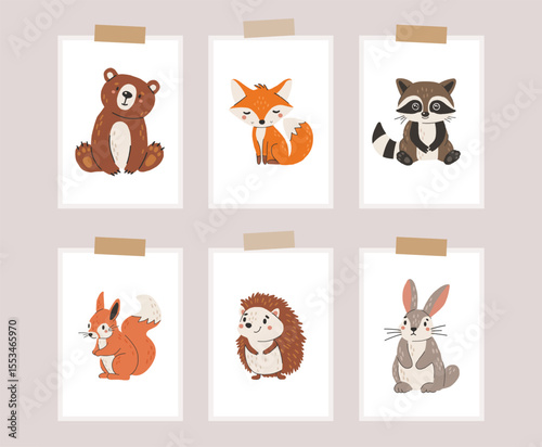 Wild animals set isolated, cute forest animals, kids vector, design for posters, stickers, banners