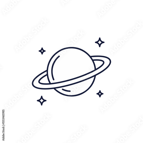 Minimalist Line Art of Saturn Like Planet with Ring and Sparkle Stars on White Background