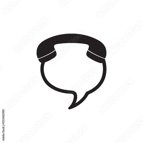 A black and white illustration of a telephone handset forming a speech bubble shape icon graphic
