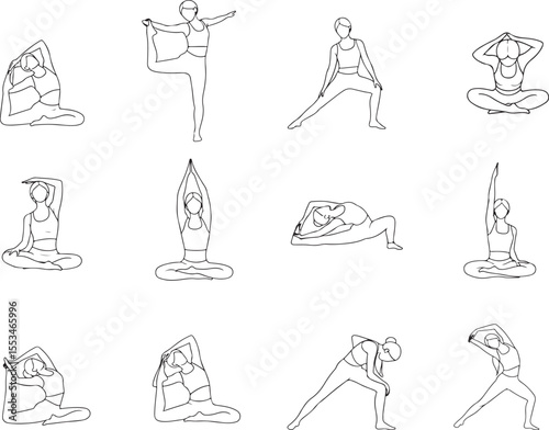 A grid of line-art illustrations showcasing a wide variety of yoga poses, including seated, standing, and bending postures