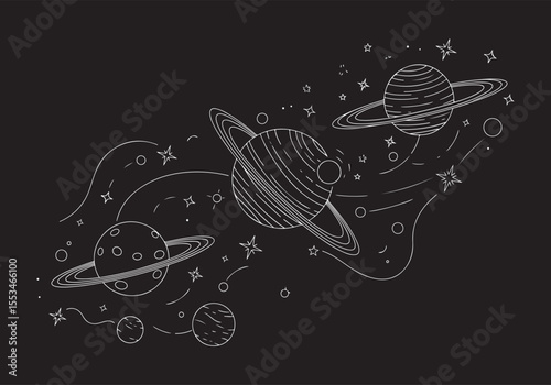A whimsical line art illustration depicting three ringed planets, stars, and celestial elements in a flowing arrangement