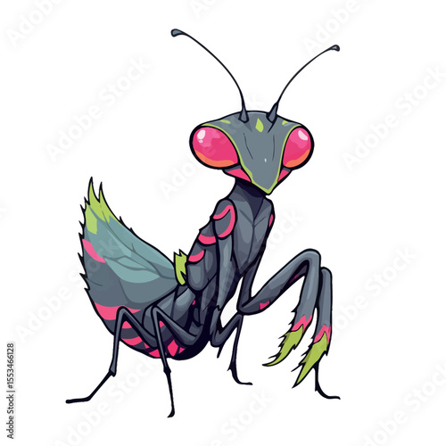 Cool Grinning Praying Mantis Insect Creature Character Design for a Vector Sticker