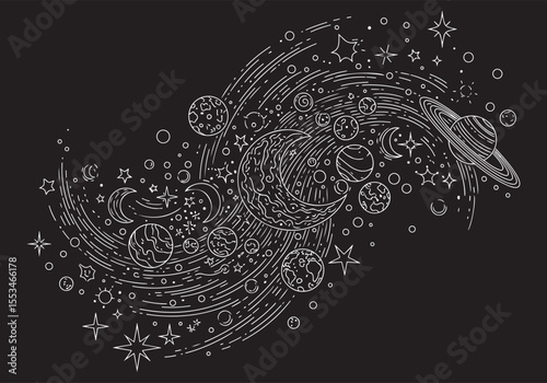 A detailed line art illustration depicting a swirling cosmic scene with planets, moons, stars, and celestial elements