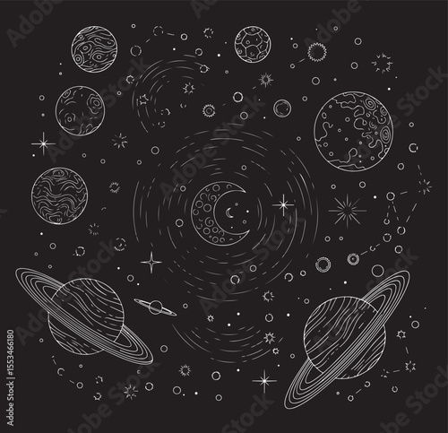 Stylized cosmic illustration featuring planets, stars, constellations, and a crescent moon, all in white outline on a black background