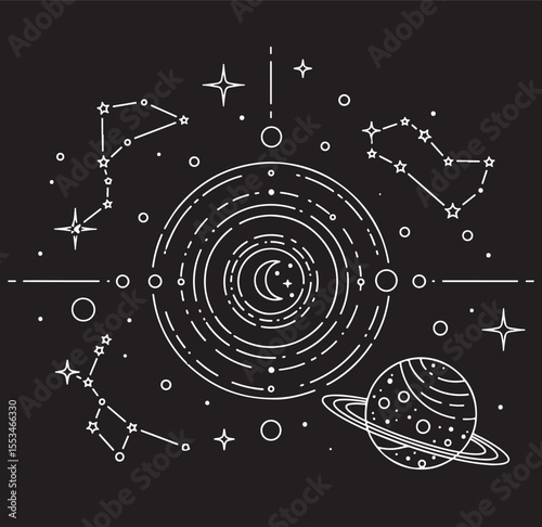 A circular line art illustration featuring a central moon and concentric circles, surrounded by planets and constellations.