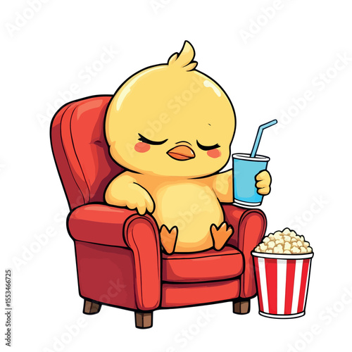 Cute Yellow Chick Enjoying a Relaxing Movie Night with Popcorn and Drink