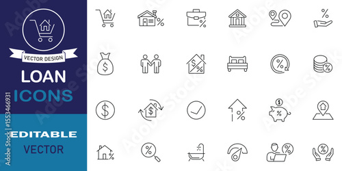 Loan icon set. Bank loan vector set. Dollar credit signs. Included icons as containing mortgage, borrow, interest, debtor, lending, interest rate and more outline symbol. Vector illustration.