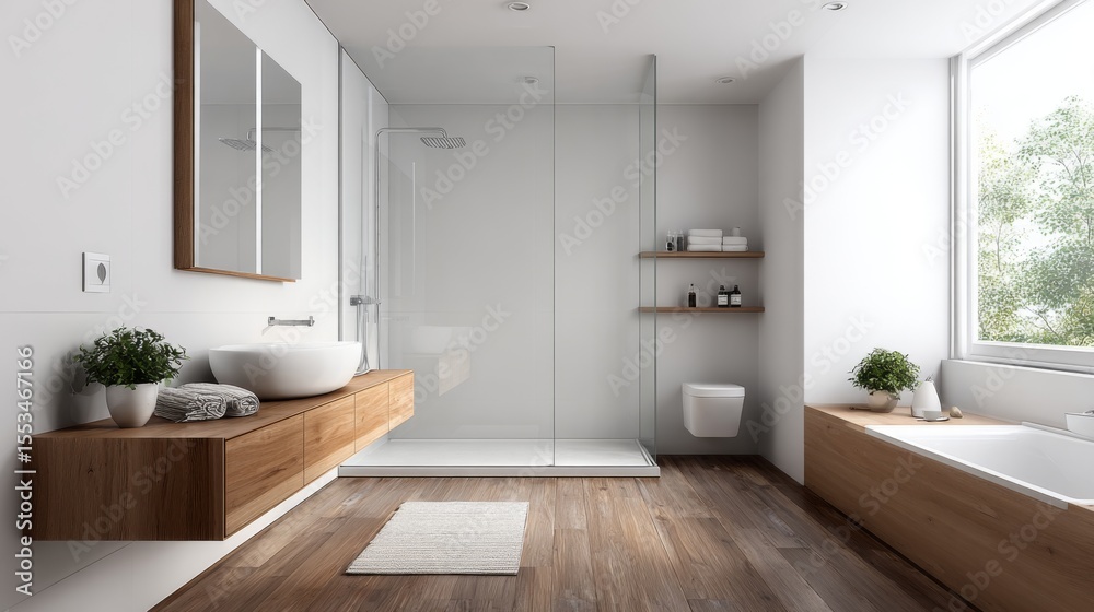 Fototapeta premium A serene, clutter-free minimalist bathroom with white walls, a floating wooden vanity, and a sleek, frameless shower enclosure