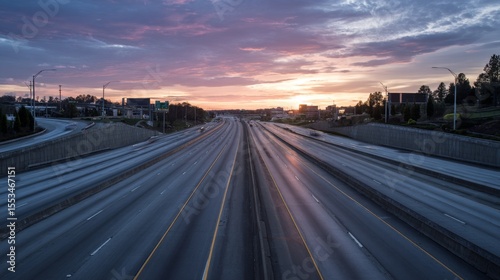 A serene image of an empty expressway during early morning hours, with soft, diffused light and minimal traffic, capturing the calm before the day begins.