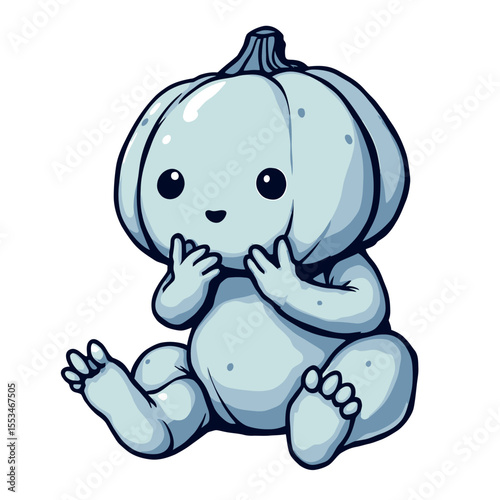Cute Light Blue Baby Pumpkin Character with Big Eyes and Tiny Fingers Sitting Adorably