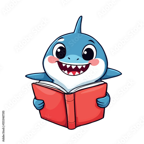 Adorable Baby Shark Character Enthusiastically Reading an Open Red Book Full of Knowledge and Fun Learning Activities