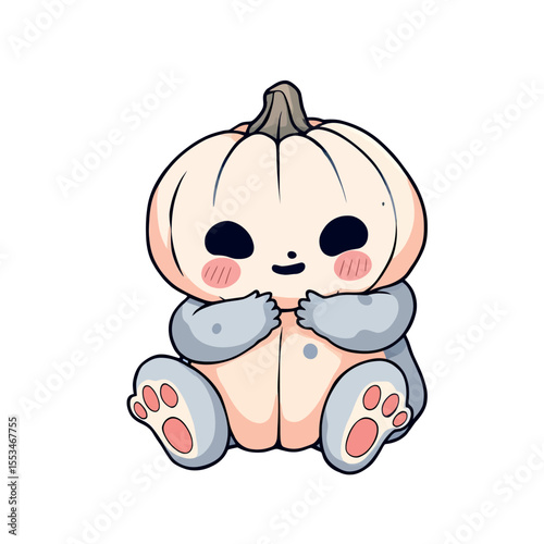 Adorable kawaii cream pumpkin creature with big black eyes and rosy cheeks dressed as a cute teddy bear sitting down with paws raised