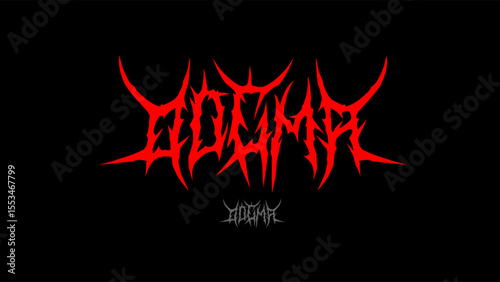 Dogma vector typography in aggressive red metal tribal style, evoking chaos and dominance; ideal for t-shirt designs, stickers, and dark posters