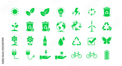 Comprehensive Green Eco-Friendly and Environmental Icons Set. This versatile collection is ideal for environmental campaigns, green initiatives, sustainable businesses, and eco-conscious designs.