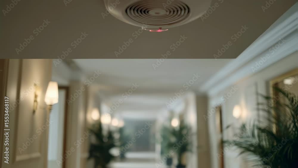 Smoke detector blinking red light indicating a malfunction or required maintenance in a hotel corridor with elegant wall lamps and decorative plants