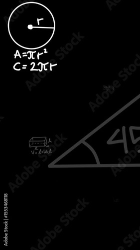 Seamless vertical video animation showing white chalk formulas and equations on a blackboard, symbolizing concepts in math, science, and physics.
