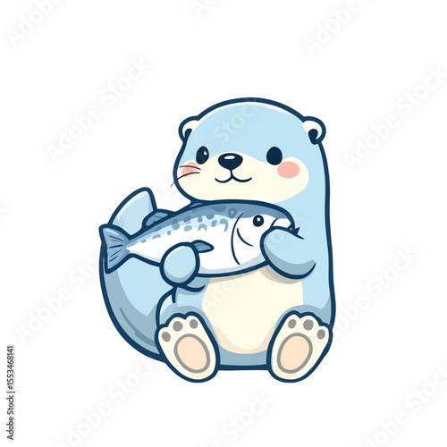 Cute Adorable Otter Holding a Delicious Fish Cartoon Vector Sticker Design Art