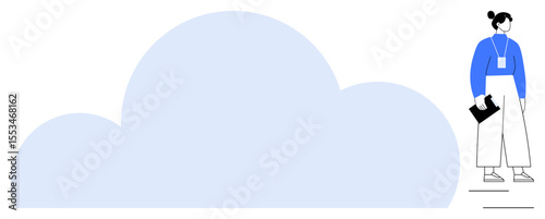 Woman holding a laptop bag stands next to a large cloud, symbolizing cloud technology, data storage, and digital solutions. Ideal for innovation, teamwork, technology, collaboration, remote work