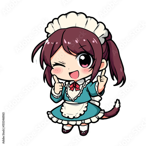 Cute Anime Maid Character Winking and Giving a Thumbs Up Pose Vector Sticker